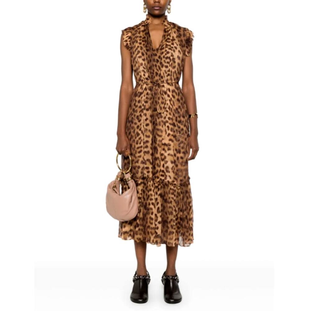 Zimmermann Women's Leopard Crush Flutter Midi Dress Size 4